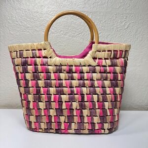 Boho Woven Straw Tote Handbag Wooden Handle Zip Top Summer Beach Resort Festival